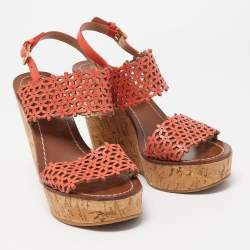 Pre Owned Tory Burch Orange Perforated Leather Daisy Cork Wedge Sandals Size 37