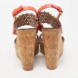 Pre Owned Tory Burch Orange Perforated Leather Daisy Cork Wedge Sandals Size 37