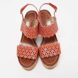 Pre Owned Tory Burch Orange Perforated Leather Daisy Cork Wedge Sandals Size 37