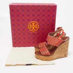 Pre Owned Tory Burch Orange Perforated Leather Daisy Cork Wedge Sandals Size 37