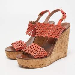 Pre Owned Tory Burch Orange Perforated Leather Daisy Cork Wedge Sandals Size 37