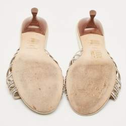 Pre Owned Tory Burch Cream Logo Print Canvas Ribbon Slide Sandals Size 38