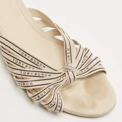 Pre Owned Tory Burch Cream Logo Print Canvas Ribbon Slide Sandals Size 38