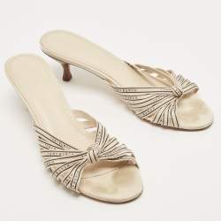 Pre Owned Tory Burch Cream Logo Print Canvas Ribbon Slide Sandals Size 38