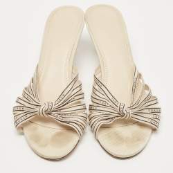 Pre Owned Tory Burch Cream Logo Print Canvas Ribbon Slide Sandals Size 38