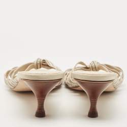 Pre Owned Tory Burch Cream Logo Print Canvas Ribbon Slide Sandals Size 38