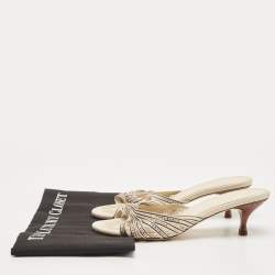 Pre Owned Tory Burch Cream Logo Print Canvas Ribbon Slide Sandals Size 38