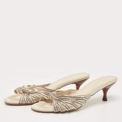 Pre Owned Tory Burch Cream Logo Print Canvas Ribbon Slide Sandals Size 38