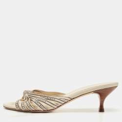 Pre Owned Tory Burch Cream Logo Print Canvas Ribbon Slide Sandals Size 38