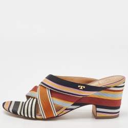 Pre Owned Tory Burch Multicolor Striped Canvas Graham Slide Sandals Size 38.5