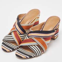 Pre Owned Tory Burch Multicolor Striped Canvas Graham Slide Sandals Size 38.5