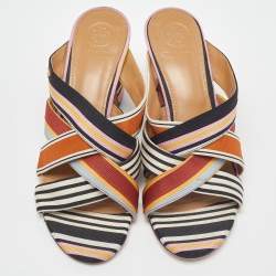 Pre Owned Tory Burch Multicolor Striped Canvas Graham Slide Sandals Size 38.5