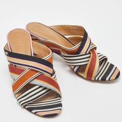 Pre Owned Tory Burch Multicolor Striped Canvas Graham Slide Sandals Size 38.5