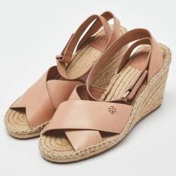 Pre Owned Tory Burch Pink Leather Bima Espadrille Wedge Sandals Size 38