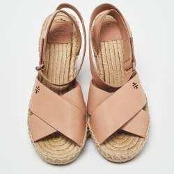 Pre Owned Tory Burch Pink Leather Bima Espadrille Wedge Sandals Size 38