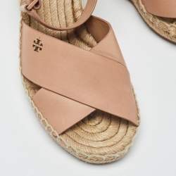 Pre Owned Tory Burch Pink Leather Bima Espadrille Wedge Sandals Size 38
