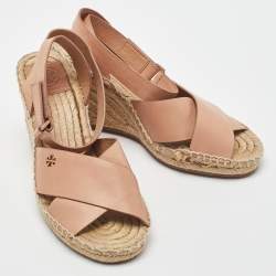 Pre Owned Tory Burch Pink Leather Bima Espadrille Wedge Sandals Size 38