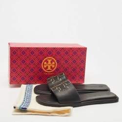 Pre Owned Tory Burch Black Leather Double T Flat Slides Size 41.5