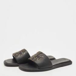 Pre Owned Tory Burch Black Leather Double T Flat Slides Size 41.5