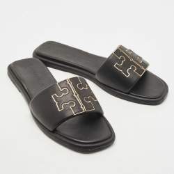 Pre Owned Tory Burch Black Leather Double T Flat Slides Size 41.5