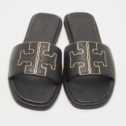 Pre Owned Tory Burch Black Leather Double T Flat Slides Size 41.5