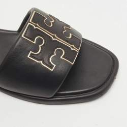 Pre Owned Tory Burch Black Leather Double T Flat Slides Size 41.5