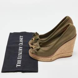 Pre Owned Tory Burch Green Canvas Jackie Espadrille Wedge Pumps Size 36