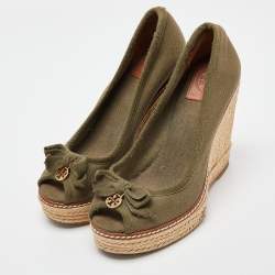 Pre Owned Tory Burch Green Canvas Jackie Espadrille Wedge Pumps Size 36