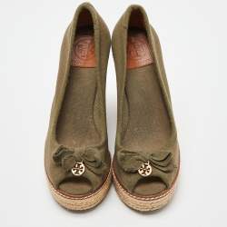 Pre Owned Tory Burch Green Canvas Jackie Espadrille Wedge Pumps Size 36