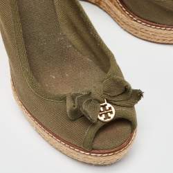 Pre Owned Tory Burch Green Canvas Jackie Espadrille Wedge Pumps Size 36