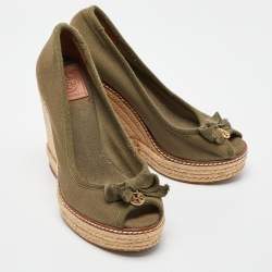 Pre Owned Tory Burch Green Canvas Jackie Espadrille Wedge Pumps Size 36