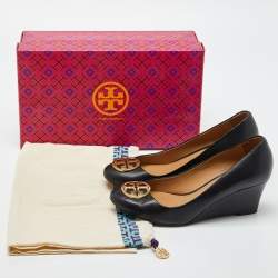 Pre Owned Tory Burch Black Leather Wedge Pumps Size 37.5