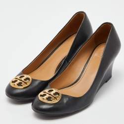 Pre Owned Tory Burch Black Leather Wedge Pumps Size 37.5