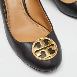 Pre Owned Tory Burch Black Leather Wedge Pumps Size 37.5