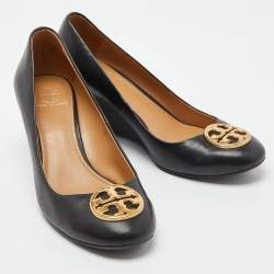 Pre Owned Tory Burch Black Leather Wedge Pumps Size 37.5