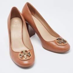 Pre Owned Tory Burch Brown Janey Buckle Detail Block Heel Pumps Size 37.5