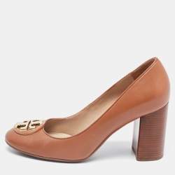 Pre Owned Tory Burch Brown Janey Buckle Detail Block Heel Pumps Size 37.5