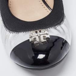 Pre Owned Tory Burch Silver/Black Foil Leather Scrunch Wedge Pumps Size 35