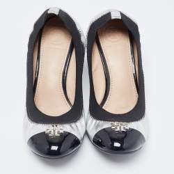 Pre Owned Tory Burch Silver/Black Foil Leather Scrunch Wedge Pumps Size 35