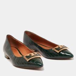 Pre Owned Tory Burch Green Croc Embossed Leather Pointed Toe Ballet Flats Size 36