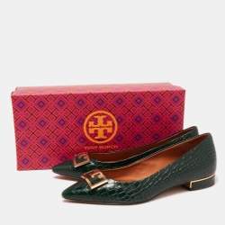 Pre Owned Tory Burch Green Croc Embossed Leather Pointed Toe Ballet Flats Size 36
