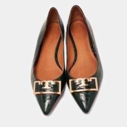 Pre Owned Tory Burch Green Croc Embossed Leather Pointed Toe Ballet Flats Size 36