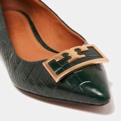 Pre Owned Tory Burch Green Croc Embossed Leather Pointed Toe Ballet Flats Size 36