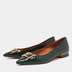 Pre Owned Tory Burch Green Croc Embossed Leather Pointed Toe Ballet Flats Size 36