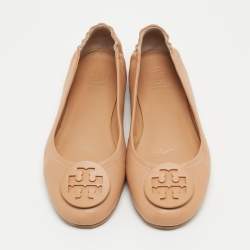 Pre Owned Tory Burch Beige Leather Minnie Scrunch Ballet Flats Size 37.5