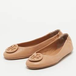 Pre Owned Tory Burch Beige Leather Minnie Scrunch Ballet Flats Size 37.5