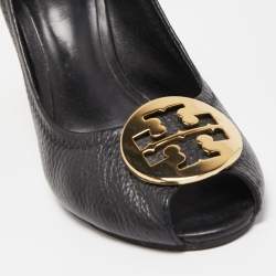 Pre Owned Tory Burch Black Leather Sophie Peep Toe Wedge Pumps Size 37.5