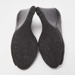 Pre Owned Tory Burch Black Leather Sophie Peep Toe Wedge Pumps Size 37.5