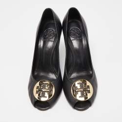 Pre Owned Tory Burch Black Leather Sophie Peep Toe Wedge Pumps Size 37.5