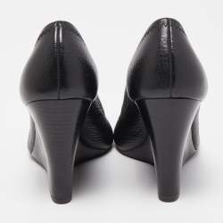 Pre Owned Tory Burch Black Leather Sophie Peep Toe Wedge Pumps Size 37.5
